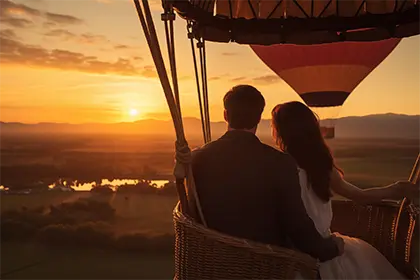A couple sits in a hot air balloon basket, looking out at a scenic landscape during a golden sunset.