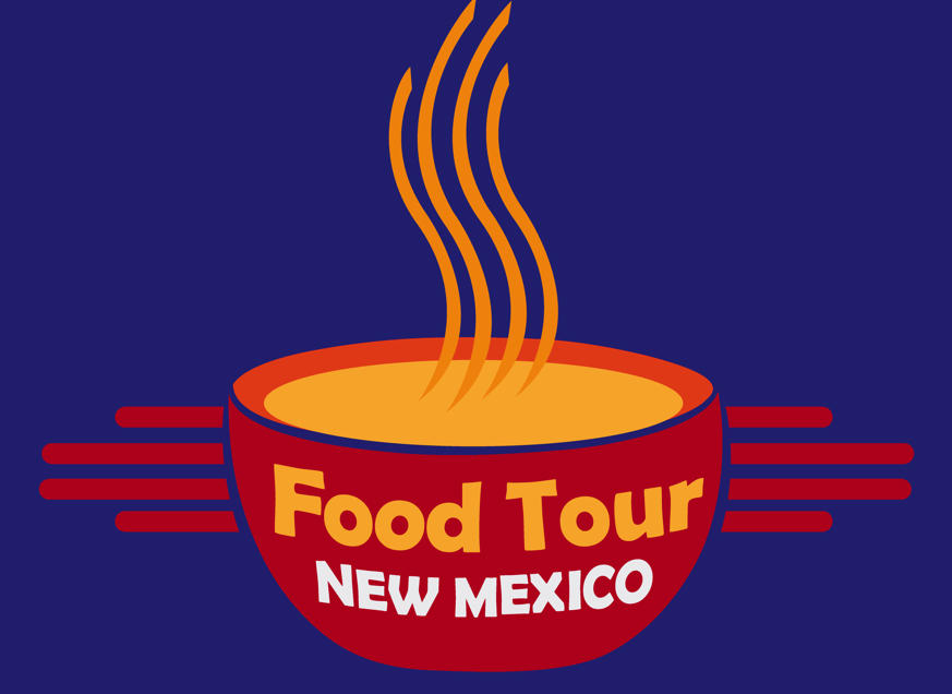 Logo for Food Tour New Mexico featuring a red bowl of steaming hot food on a dark blue background.