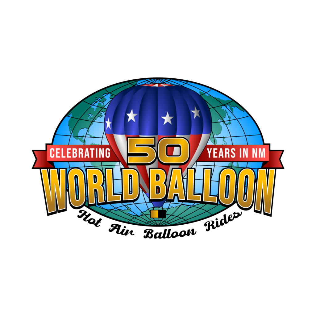 Logo for "World Balloon," celebrating 50 years in NM, featuring a hot air balloon over a globe.