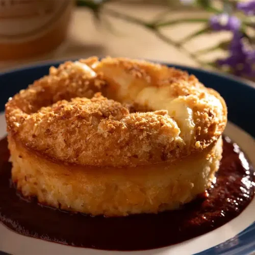 A round, golden-brown baked dessert sits atop a pool of dark red fruit sauce on a blue and white rimmed plate.