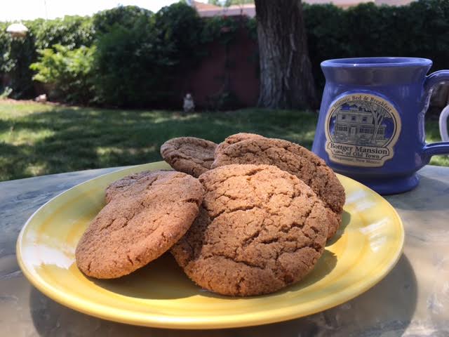 A yellow plate holds several cookies next to a blue mug in a sunlit garden setting.