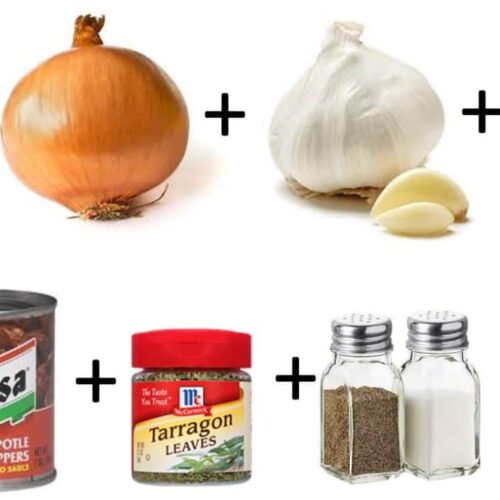 An infographic showing ingredients: bacon, onion, garlic, mushrooms, tomato can, bean can, spices, and salt/pepper.