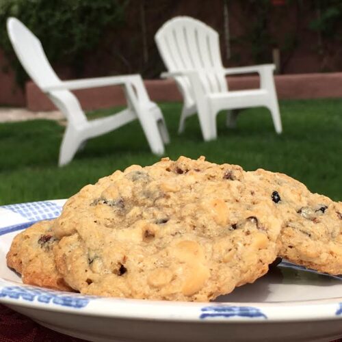 A plate of cookies sits in the foreground with two white chairs on a lawn in the blurred background.